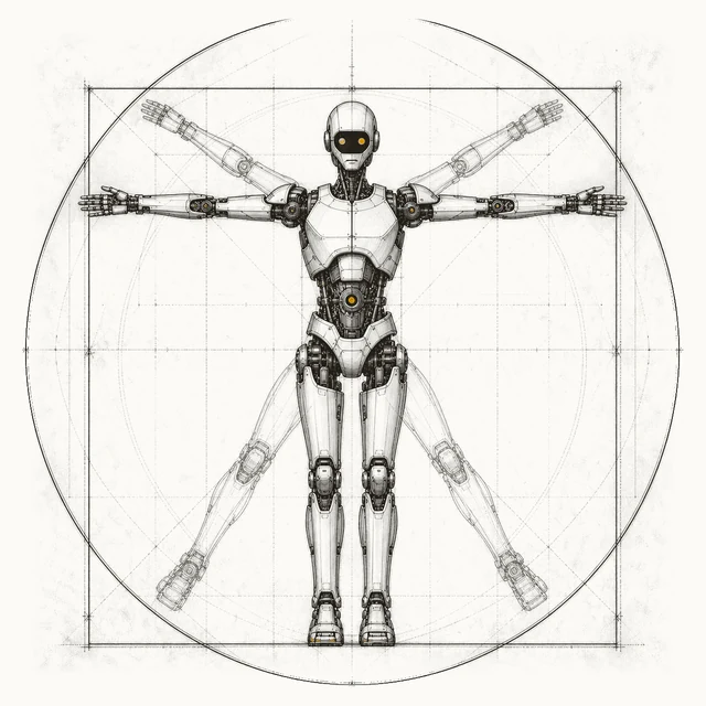 Engraving-style drawing of a robot in the Vitruvian Man pose inside a circle and a square, with construction lines